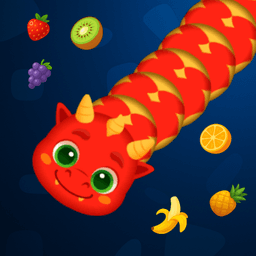 Worm vs Worms game icon with a red cartoon worm and colorful fruits